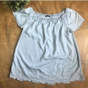CHELSEA & THEODORE Denim Top Boho Peasant Lace